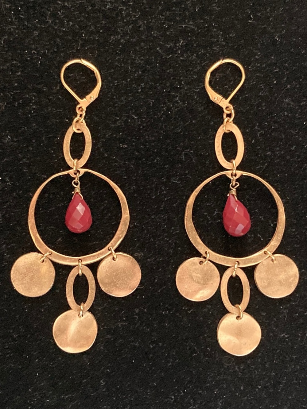Yellow Gold Tone Lever Back Earrings With Red Bead and Matte Discs/NEW!
